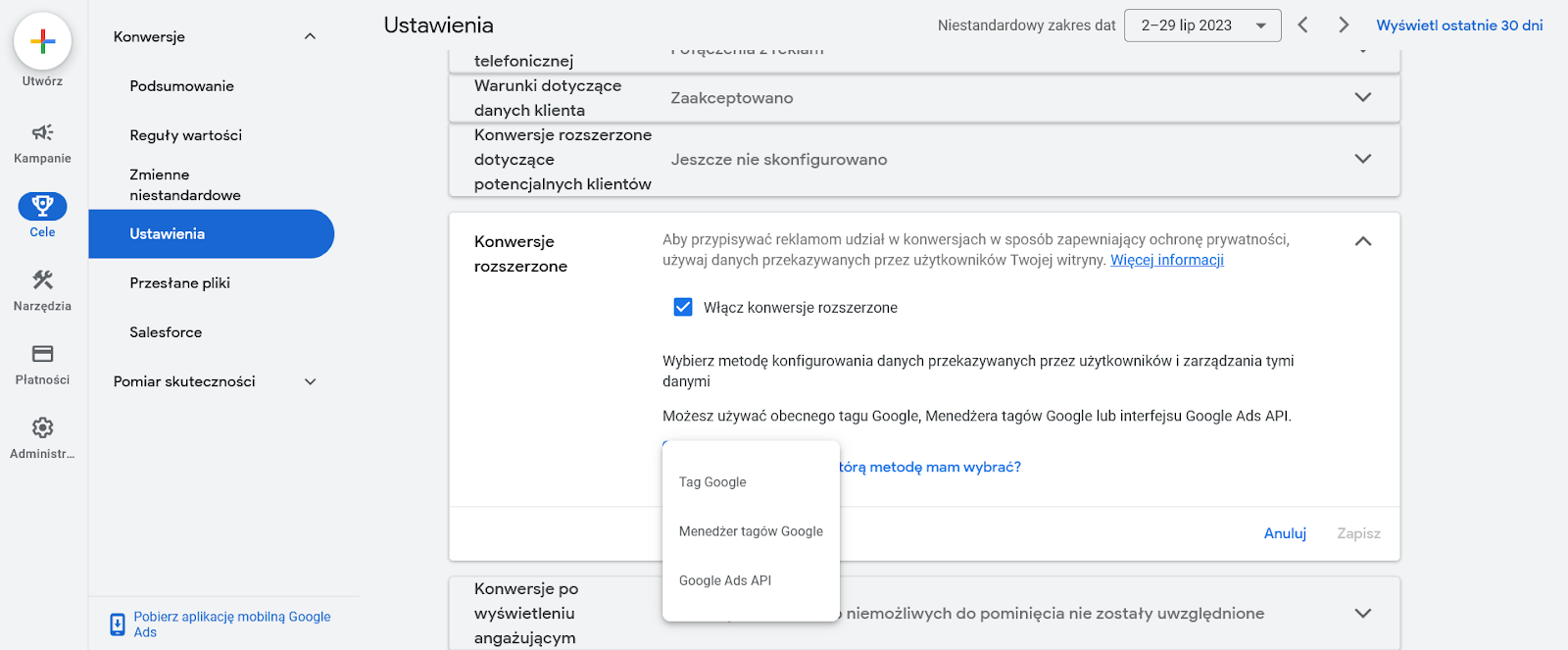Konwersje rozszerzone w Google Ads