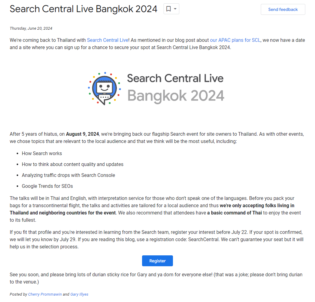 Częste indeksowanie, koniec Business Site'ów, Google w Bangkoku