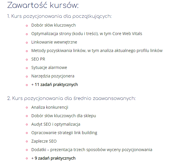 zawartość kursu lexy